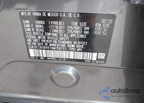 2022 Honda Hr-V Awd Ex from USA, damaged, VIN 3CZRU6H51NM758751